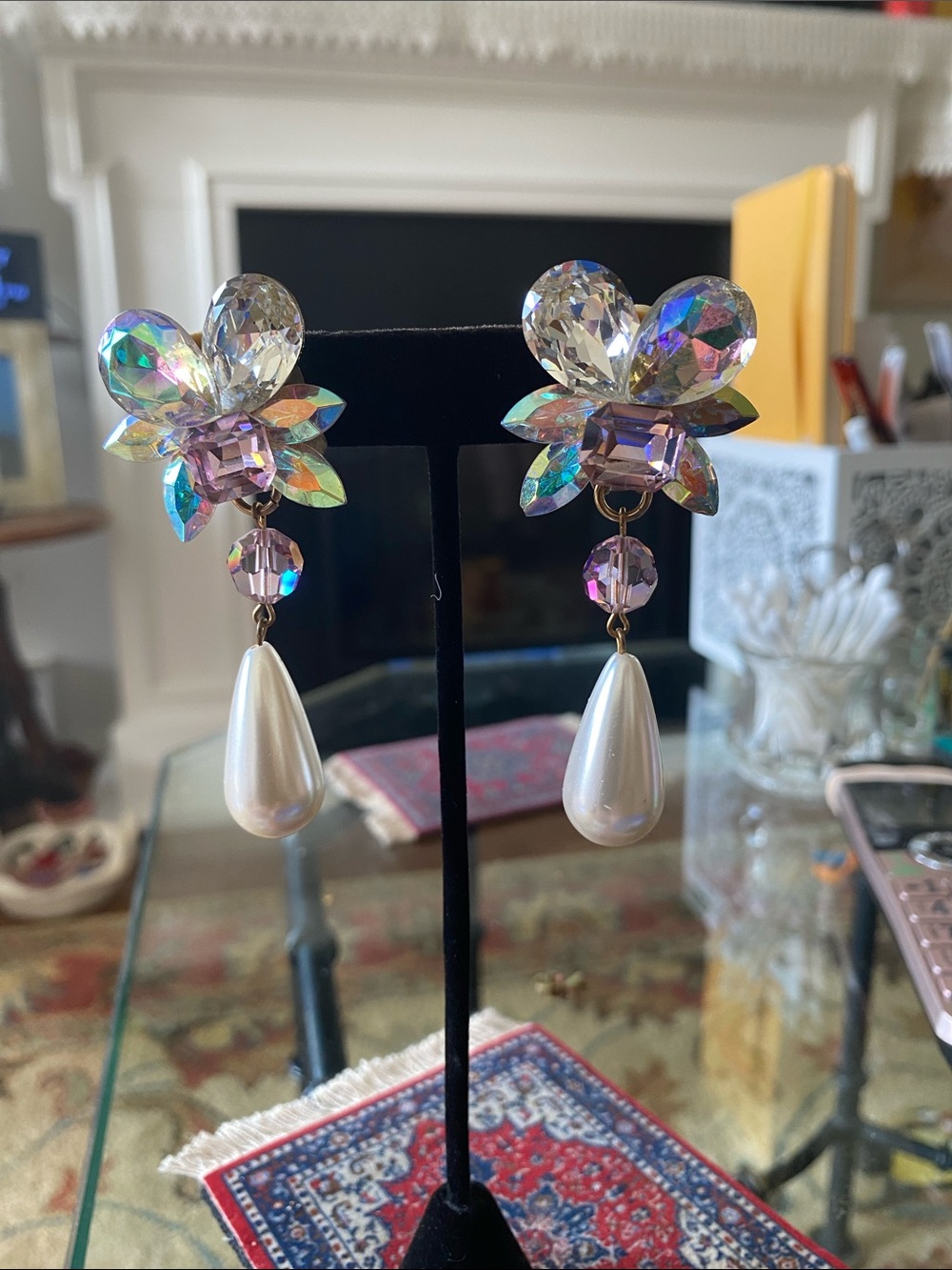 Crystal Flower Drop Earrings with Pearl Teardrops